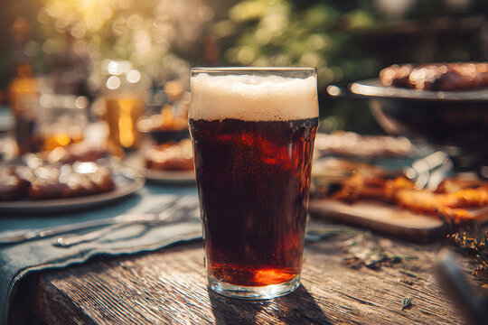 Refreshing Dark Beer on Wooden Table at Outdoor BBQ Party with Grilled Food and Warm Sunlight - Summer Celebration