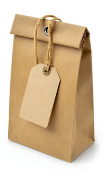 Brown Kraft Paper Bag with Blank Hanging Tag and Twine on White Background