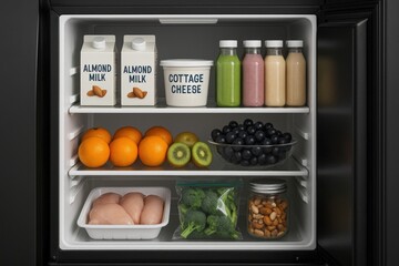 Well stocked refrigerator display featuring fresh produce and artisanal food items