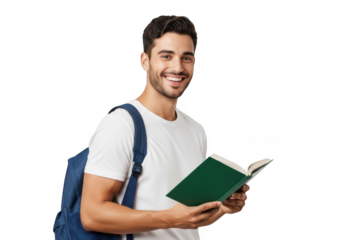 Smiling young man holding a book isolated on transparent background