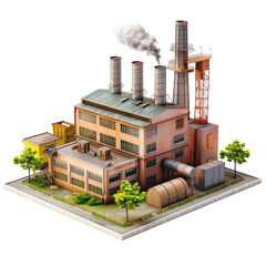 Isometric factory building with smoke stacks and trees