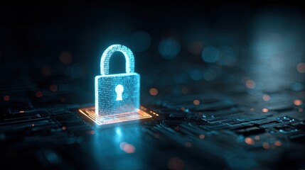Secure your digital world with a glowing padlock made of binary code on a circuit board, symbolizing cybersecurity and data protection in a modern tech landscape.