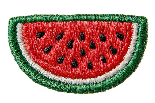 Embroidered Watermelon Patch Summer Fruit Textile Art, isolated on transparent background, perfect cutout, PNG