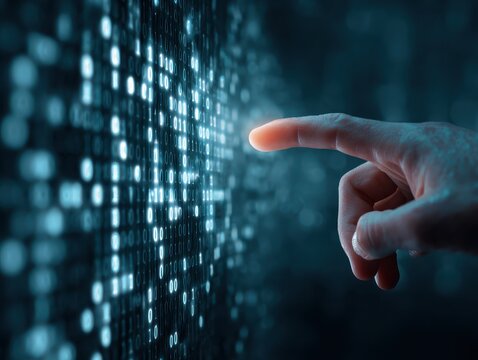 Binary data processing and big data analysis. Digital data analyzing technology. Analyst touching numbers.