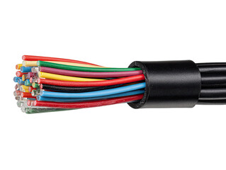 Close-up of a multi-colored cable.  A black jacketed cable reveals numerous insulated wires in various colors, radiating outward.  High-quality image