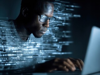 Binary data processing and data encoding. Digital data processing technology. Engineer using laptop computer to analyze binary data.