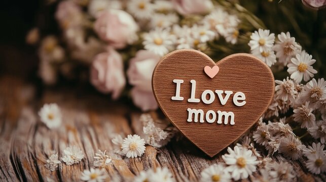 A heart-shaped cookie with the words "I love mom" written on it. The cookie is placed on a wooden surface with a vase of flowers in the background. The image conveys a warm