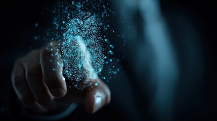 Unlock your digital identity with a glowing biometric fingerprint scan, showcasing advanced security and futuristic technology in a sleek, modern concept.
