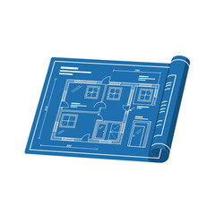 Blueprint of a house floor plan unrolled on a blue surface, showing rooms, windows, and doors in a technical drawing style.