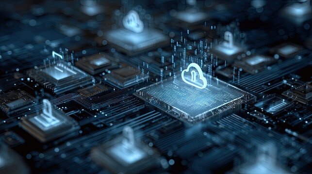Dynamic circuit board glowing with futuristic cloud technology symbols and data streams, representing innovation and digital connectivity - Powered by Adobe
