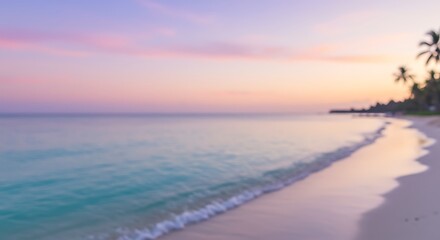 Fototapeta premium Blurred tropical beach with soft turquoise waves, pastel sunset glow