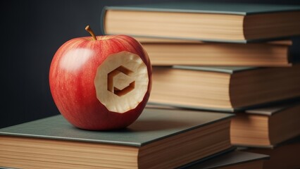 A red apple with a 'C' for copyright symbol carved into it, sitting on a stack of books.