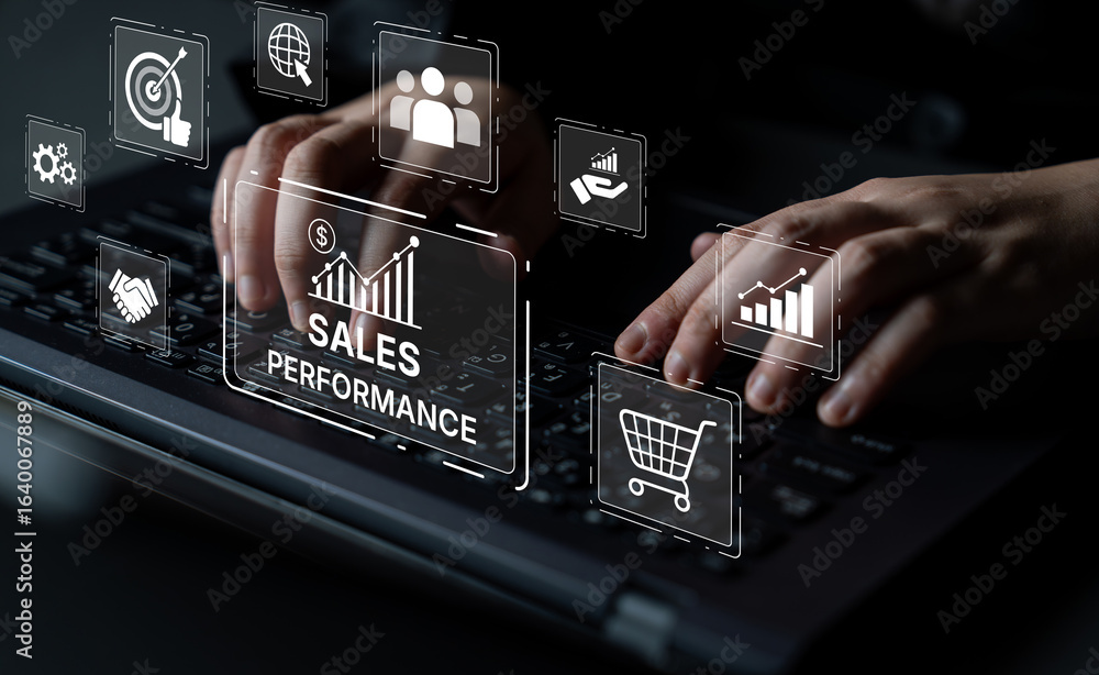 Poster digital sales performance dashboard showing sales performance metrics, performance trends, sales per