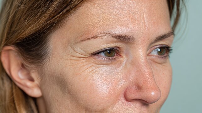 Close-up of a woman showcasing eyelid ptosis and pigmentation in a calm setting