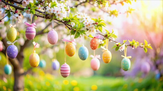 Easter decorations on blooming tree
