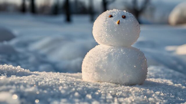 Snowman made of sparkling snow shines cold winter light with frozen ice and outdoor nature creating magical abominable scene full of charm and wonder