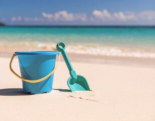Children enjoy building sandcastles with a blue bucket and shovel on a sunny beach by clear turquoise waters