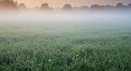 Gentle mist over lush green meadow, diffused morning light, serene