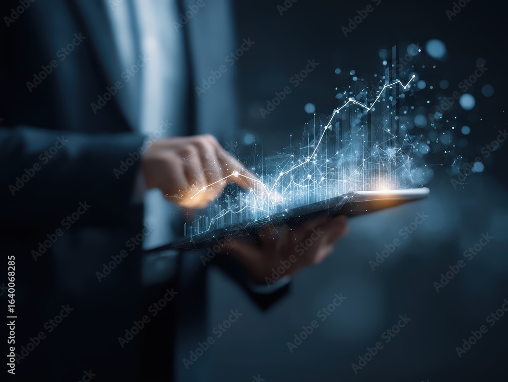 Poster business analysis and artificial intelligence. businessman using tablet computer. network structure 