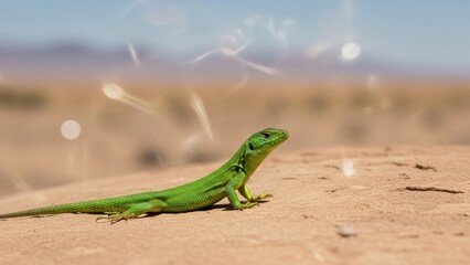 Fototapeta premium A green lizard on a rock in the desert with a magical glow effect.