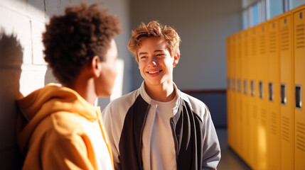 Two boys talking near bright yellow lockers in school hallway. Soft morning sunlight creates warm atmosphere and highlights friendly conversation. Concept of education, friendship, youth