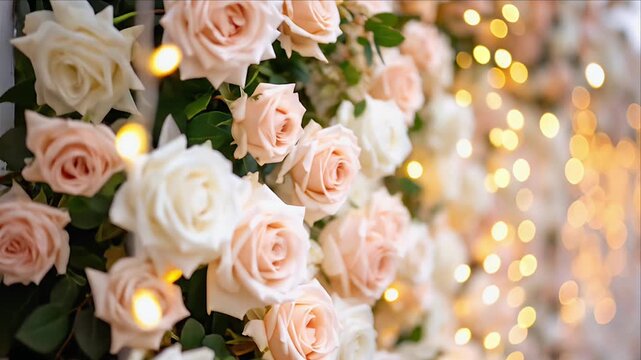 Elegant floral background of pink and white roses with warm soft string lights