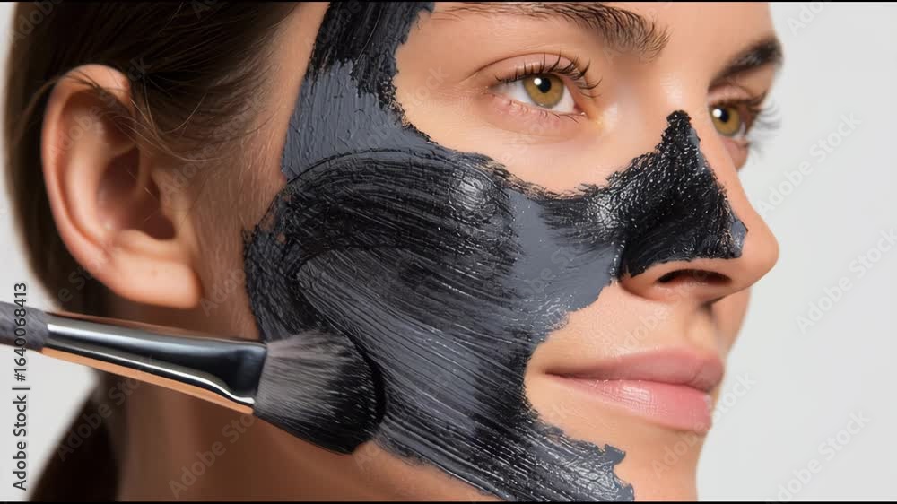 Poster applying a charcoal face mask for deep cleansing in a calm setting with natural light