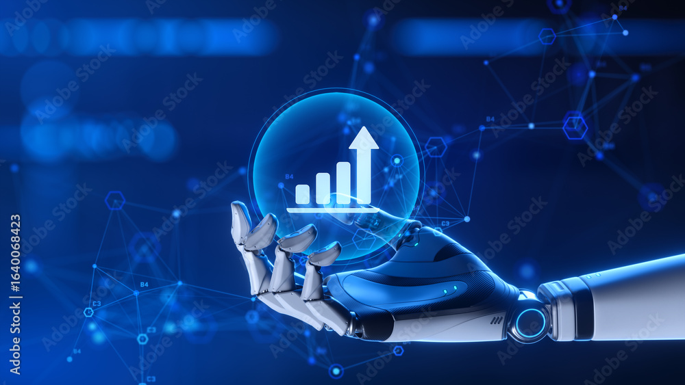 Poster ai robot hand holding growth chart symbolizing digital technology and business analytics