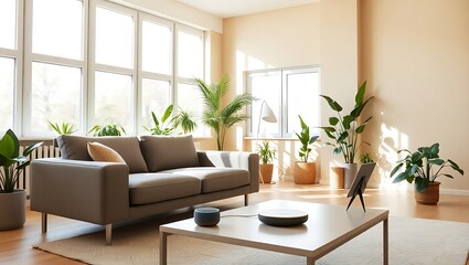 Fototapeta premium A bright living room with a gray sofa, coffee table, and many plants near large windows and devices