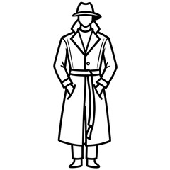 Man in trench coat and fedora hat standing with hands in pockets