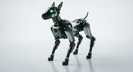 Sleek futuristic robotic dog with glowing green eyes and intricate mechanical details stands ready.