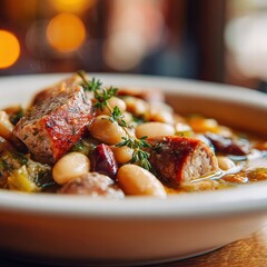 French stew made with white beans, various meats (pork, sausage, duck confit), and vegetables. Slow-cooked until rich and flavorful