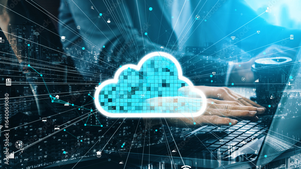 Poster abstract illustration of cloud computing with digital elements, representing data transfer and busin