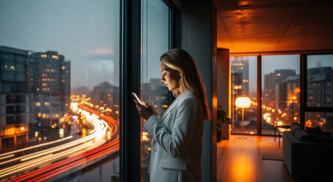 A woman looking at her phone by the window, overlooking a cityscape at dusk