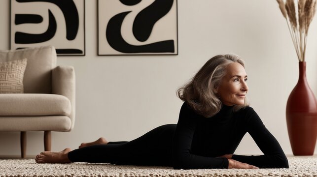 Elegant senior woman in black turtleneck lying on floor, modern minimal interior