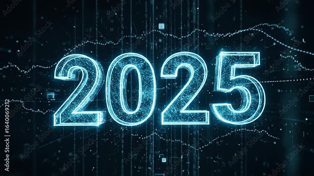 Poster futuristic 2025 digital countdown - a stylized, glowing blue 2025 appears against a backdrop of digi
