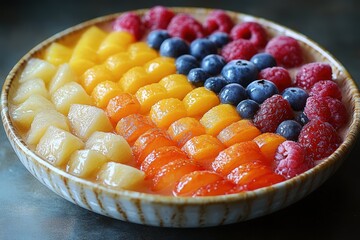 fruit smoothie bowl, with vibrant fruits and toppings arranged in an eye-catching pattern