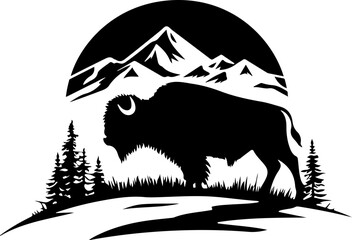 bison silhouette with mountain landscape illustration