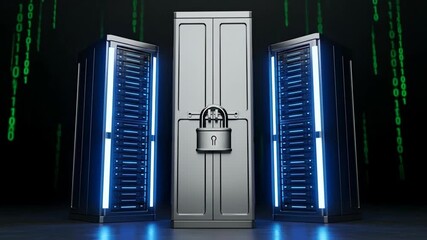Secure Server Data Center - Two illuminated server racks flank a locked data cabinet against a backdrop of flowing binary code. - Powered by Adobe