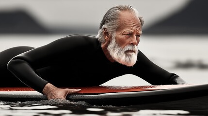 Senior man paddling on surfboard in ocean