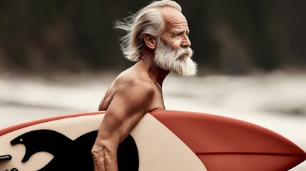 Elderly surfer with surfboard by the ocean