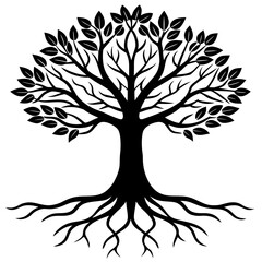 Stylized black tree silhouette with visible roots and leaves