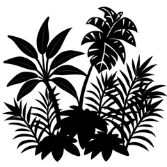 Black silhouette of tropical plants and palm trees