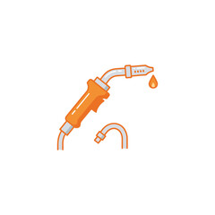 Orange welding torch with a drop of molten metal, industrial equipment illustration.