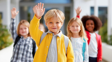 Children waving in friendly farewell to classmates outside school. Bright atmosphere with cheerful expressions creates joyful setting. Concept of education, friendship, inclusion