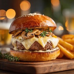 beef burger topped with melted Swiss cheese and mushrooms