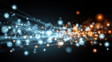 Dynamic digital network connecting abstract icons and glowing lights, symbolizing global data flow and interconnected technology for modern business solutions.