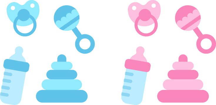 Cute cartoon newborn baby items: pacifier, bottle, toys. Boy blue and girl pink color. Baby shower design elements illustration set. Flat vector icons