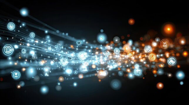 Dynamic digital network connecting abstract icons and glowing lights, symbolizing global data flow and interconnected technology for modern business solutions.
