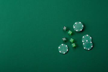 Dice poker game with chips, bets and risk in casino. Dice poker